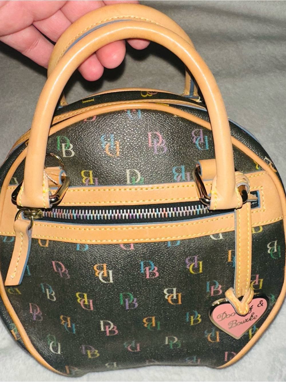 Vintage Dooney & Bourke Black Multicolor DB Logo Mini Satchel with Tan Trim - Picture 3 of 16